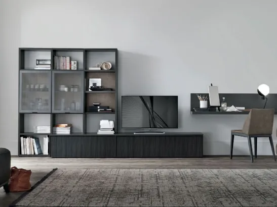 Libreria design a muro in laccato opaco colorato con pensili Comp M5C84 di Sangiacomo