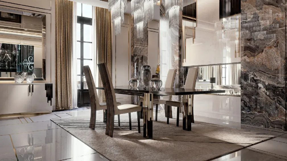 Tavolo in legno laccato lucido con decori in tinta con il piano, contornati da lame in metallo Belle Epoque 72 di Reflex