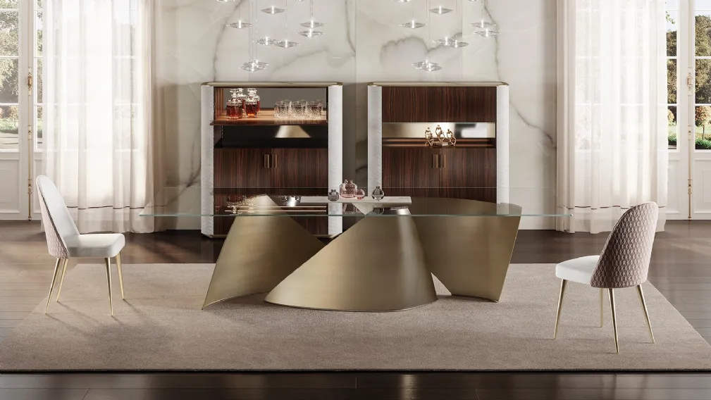 Tavolo di design con top in vetro e basi in metallo curvato in finitura satinata Vele 72 di Reflex