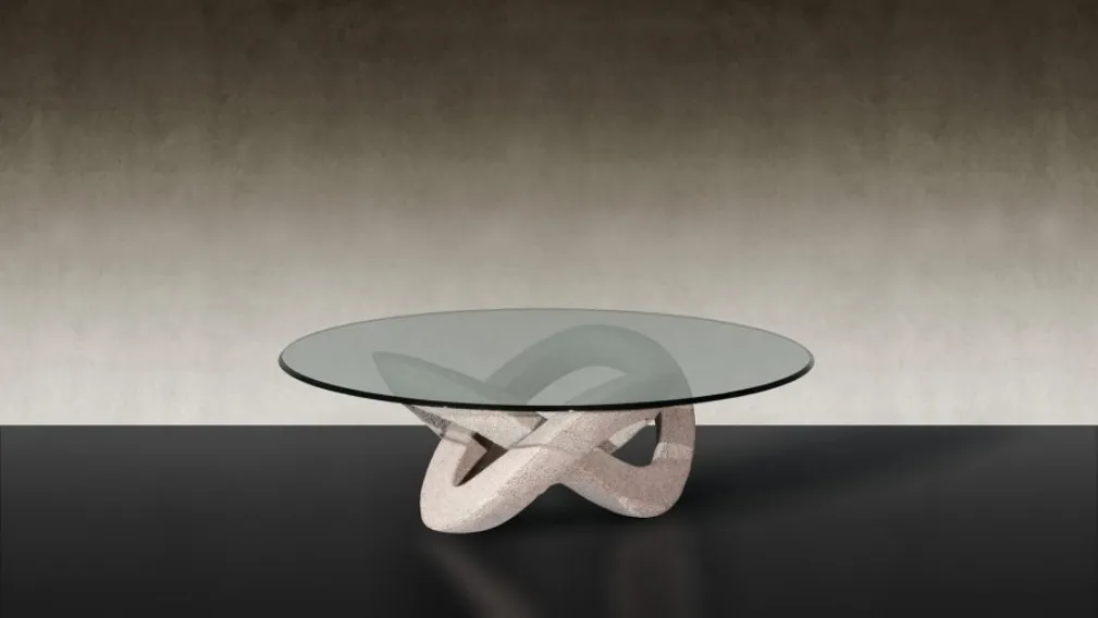Tavolino rotondo in vetro con base in materiale granitico scolpito e bocciardato a mano Andromeda 40 di Reflex