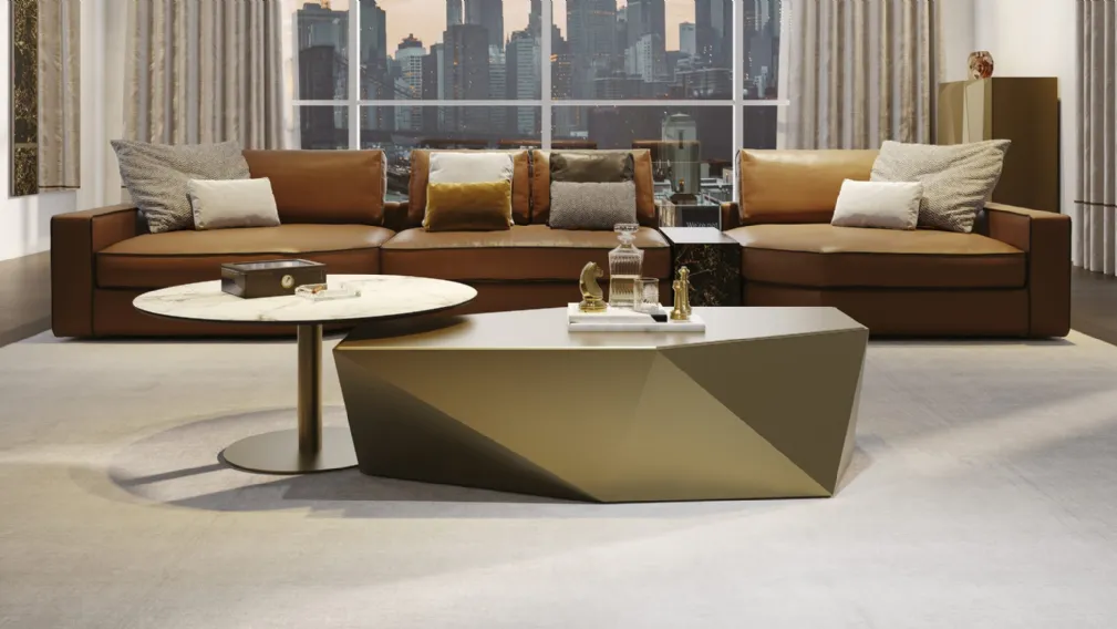 Tavolino in legno sfaccettato in finitura bronzo con top in vetro in tinta Origami 40 di Reflex