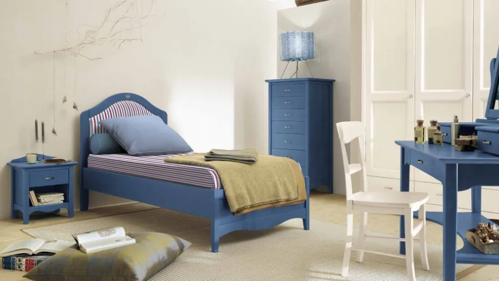 Cameretta per bambini in legno laccato Bianco e Blu Comp 115 di Valplana