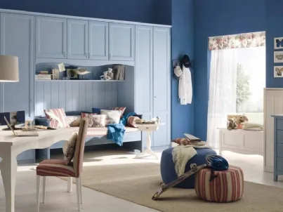 Cameretta a ponte in legno laccato Azzurro con divano letto Comp 308 di Valplana