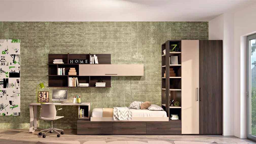 Cameretta moodbook 212 in legno e laccato con scrivania di Ferrimobili
