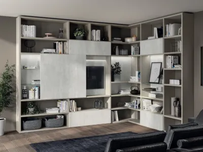 Libreria Living Liberamente sistema Metro in decorativo Concrete Jersey di Scavolini