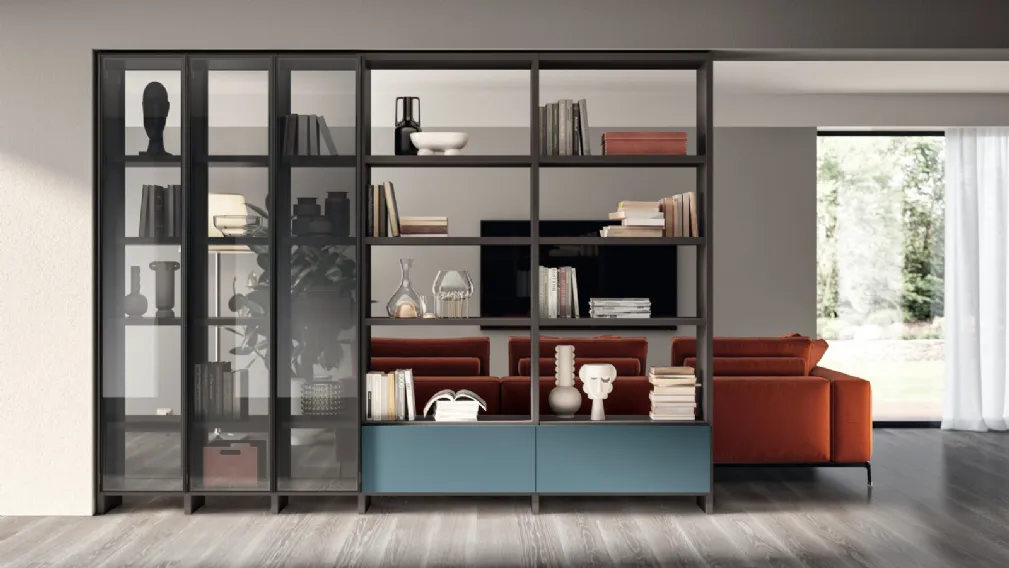 Libreria Living Motus sistema Fluida Grigio Ferro in laccato e alluminio di Scavolini