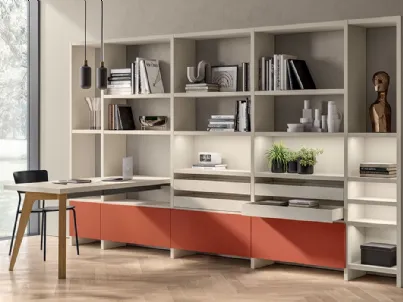 Libreria Living Motus sistema Fluida in laccato opaco di Scavolini