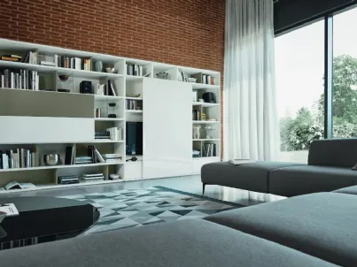 Libreria a muro Modo M6C95 in laccato opaco con anta in vetro lucido di Sangiacomo