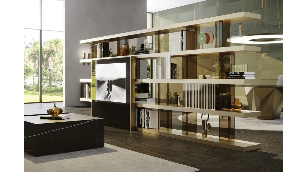 Libreria divisoria modulare a incastro con divisori in vetro fumè e ripiani in legno laccato Tango T Box di Reflex