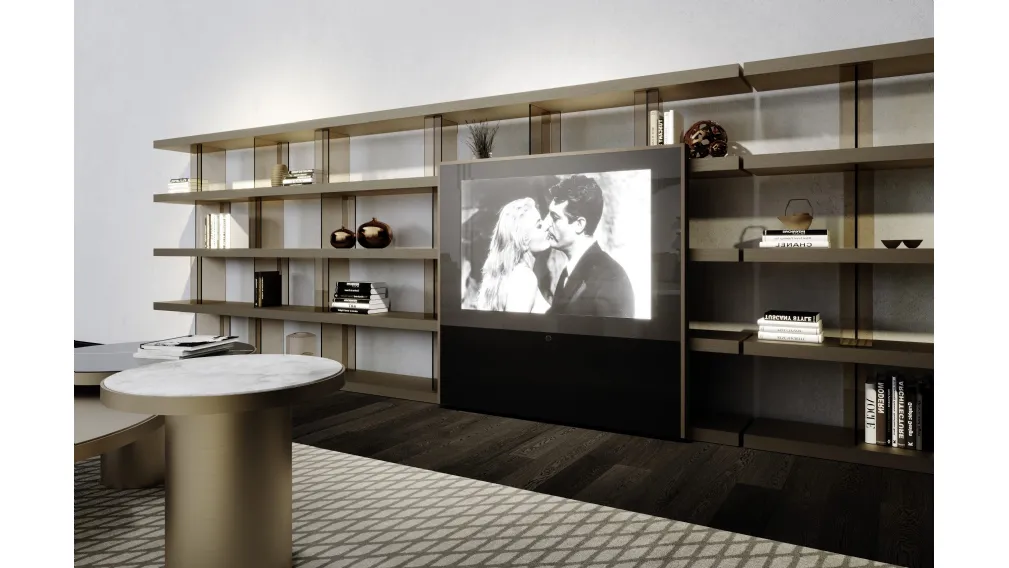Libreria modulare a incastro con divisori in vetro fumé e ripiani in legno laccato Tango T Anta TV di Reflex