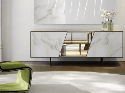 Madia Vertigo Buffet in legno laccato con inserto in MarmoReflex e ripiani e schiena in vetro di Reflex