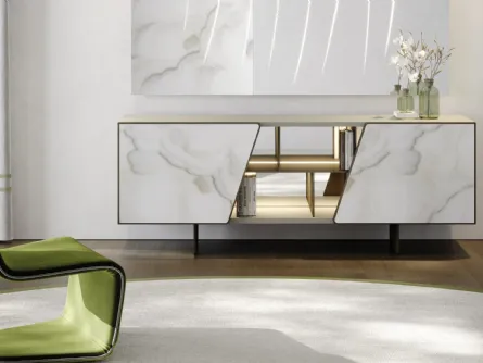 Madia Vertigo Buffet in legno laccato con inserto in MarmoReflex e ripiani e schiena in vetro di Reflex