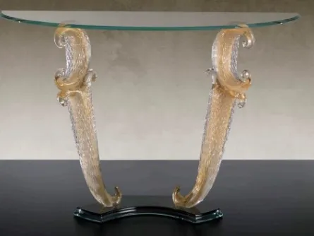 Consolle classica con gambe in vetro di Murano lavorate a mano secondo un disegno tradizionale veneziano e top in vetro extrachiaro Casanova di Reflex