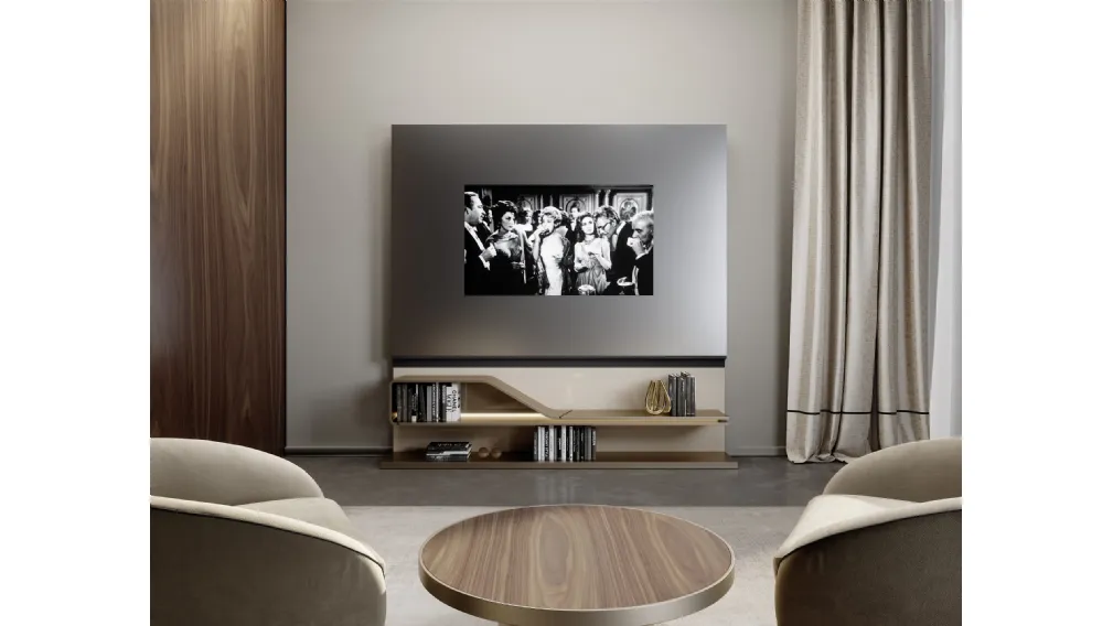 Mobile Porta Tv in vetro a specchio Supersilver con serigrafia nera con cornici in legno laccato opaco Movie di Reflex