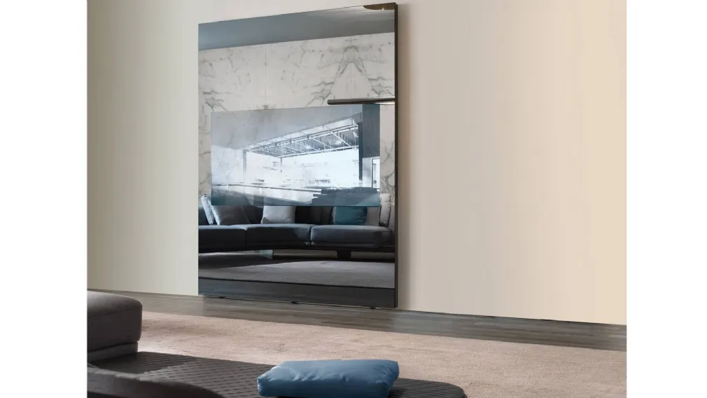 Mobile Porta Tv in vetro a specchio Supersilver con serigrafia neraMovie TV di Reflex