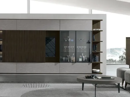 Parete Attrezzata Atlante UNIT AT211 in materico rovere moka, legno rovere moka canettè e materico piasentina scuro di Tomasella