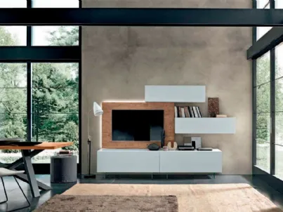 Parete Attrezzata Box C81B in laccato bianco e legno con piedi trasparenti di FGF Mobili