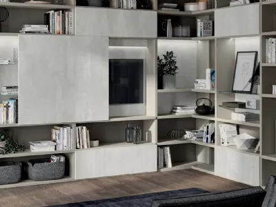 Parete Attrezzata Living Liberamente 01 in decorativo Concrete Jersey di Scavolini