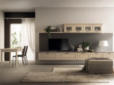 Parete Attrezzata sospesa Living Madeleine 02 in Frassino Bianco Burro di Scavolini