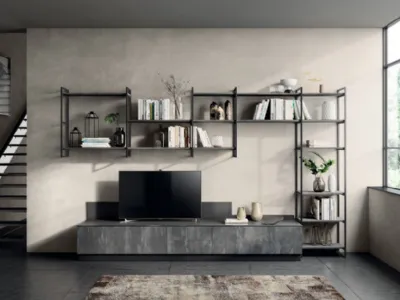 Parete Attrezzata Living Mood 04 in decorativo Concrete Harlem di Scavolini