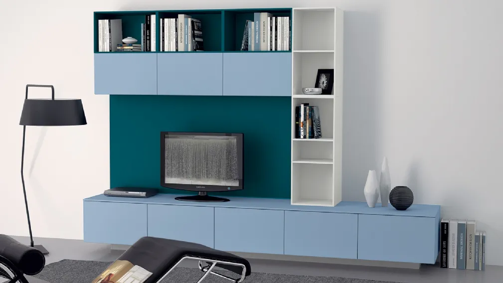 Parete Attrezzata Living Tetrix in Laccato Azzurro Laguna di Scavolini