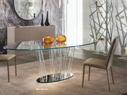 Tavolo ovale con basamento composto da bastoni in vetro di Murano trasparente con filigrana nera Bamboo 72 di Reflex