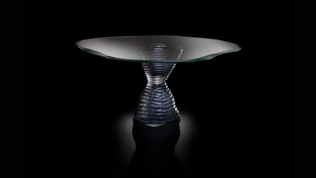 Tavolo di design con basamento fatto a mano in vetro di Murano e piano in vetro extrachiaro con doppia bisellatura Murano di Reflex