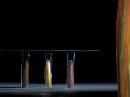 Tavolo di design con base a 4 cilindri in vetro di Murano finiture Oro, Murrine e Striato Nautilus 72 di Reflex