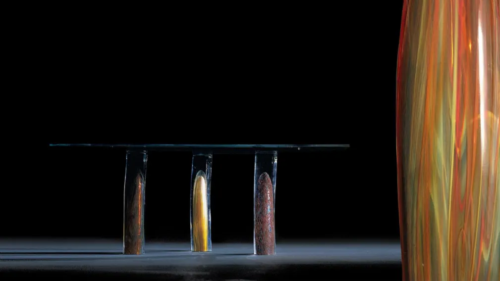 Tavolo di design con base a 4 cilindri in vetro di Murano finiture Oro, Murrine e Striato Nautilus 72 di Reflex