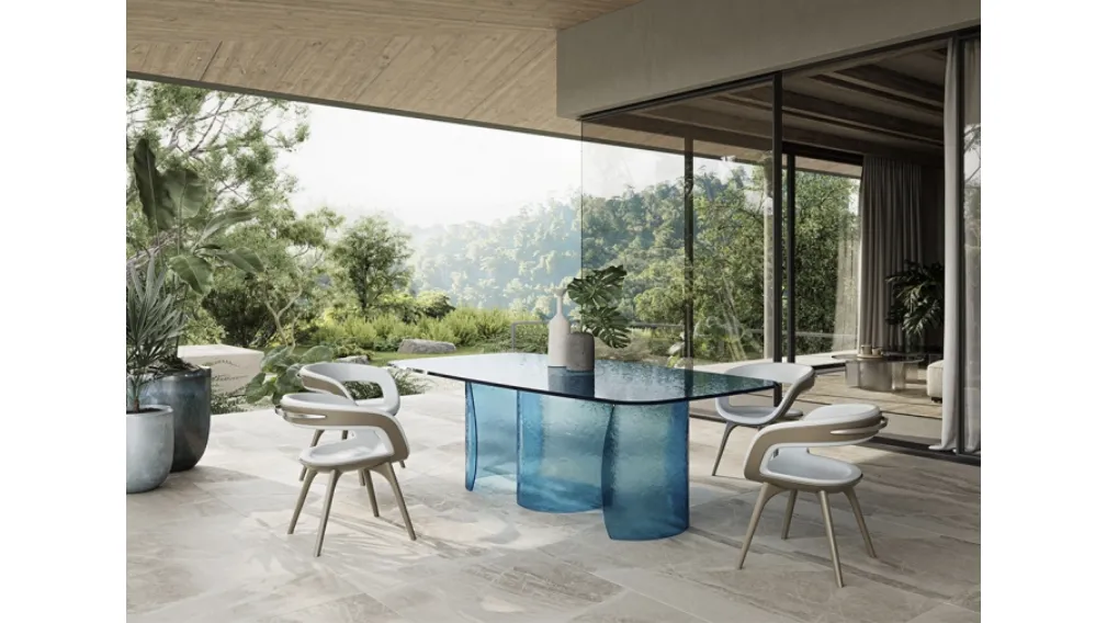Tavolo Petalo 72 Acqua con top e base in vetro di Reflex