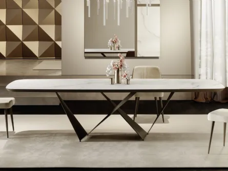 Tavolo Prisma 72 Steel con top in vetro effetto marmo e base in metallo di Reflex