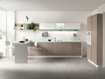 Cucina Moderna Dandy Plus Rovere Gessato e maniglia Blu Agave di Scavolini