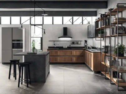 Cucina Moderna angolare con isola Evolution in decorativo Rovere Land e laminato Volcanic Ash di Scavolini