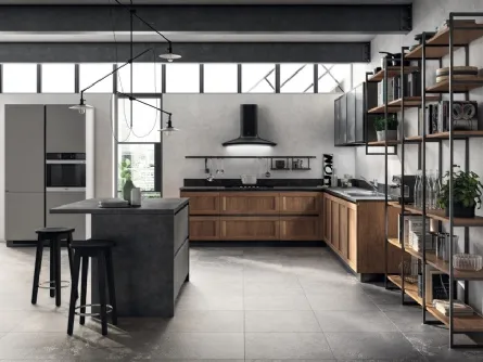 Cucina Moderna angolare con isola Evolution in decorativo Rovere Land e laminato Volcanic Ash di Scavolini