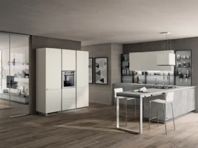 Cucina Moderna angolare con penisola Evolution in decorativo Concrete Medium e laccato Bianco opaco di Scavolini