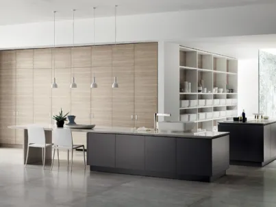 Cucina Moderna Qi con doppia isola in laccato Grigio Ferro e Olmo Hono di Scavolini