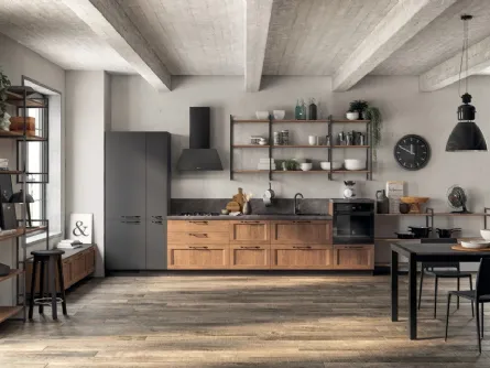 Cucina Moderna lineare Sax in decorativo Rovere Land e in laccato opaco Grigio Ferro di Scavolini