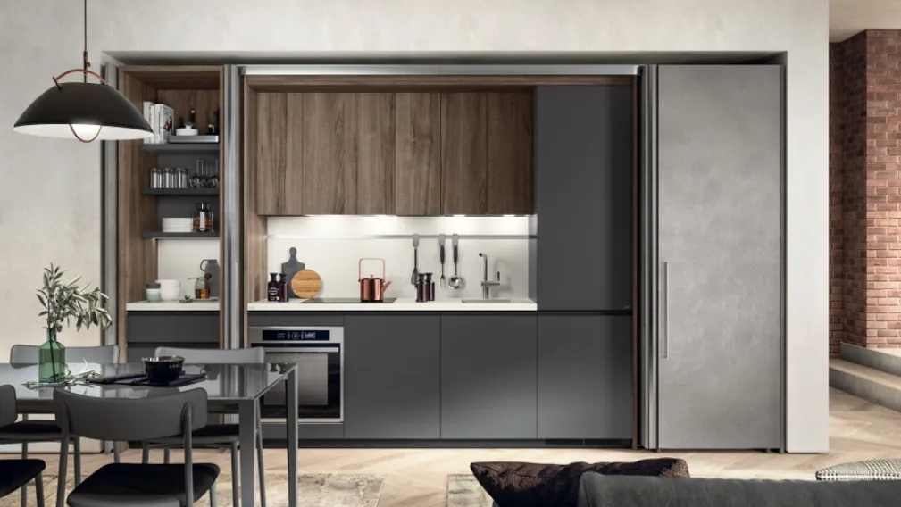 Cucina Boxi in Grigio Ferro opaco e Noce Garden di Scavolini