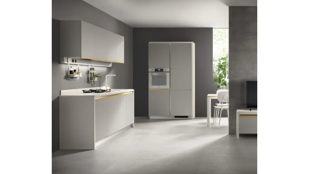 Cucina Moderna Dandy Plus Grigio Velo e maniglia Giallo Senape di Scavolini