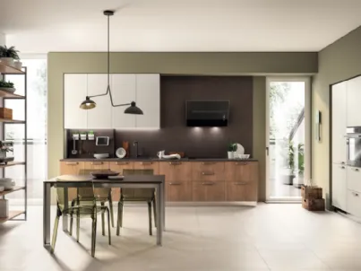 Cucina lineare Shabby Chic Sax in decorativo Rovere Land e in decorativo Nebbia di Scavolini