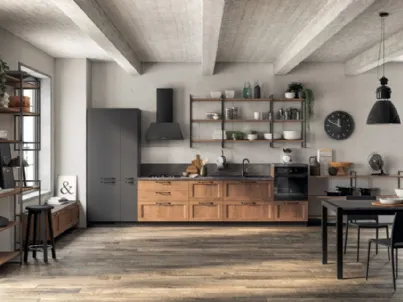 Cucina lineare Shabby Chic Sax in decorativo Rovere Land e laccato opaco Grigio Ferro di Scavolini