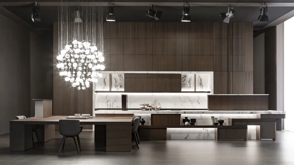 Cucina su misura Avignon in marmo Dover white e legno di eucalipto frisè di TM Italia