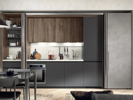 Cucina su misura Boxi 03 in Grigio Ferro opaco e Noce Garden di Scavolini