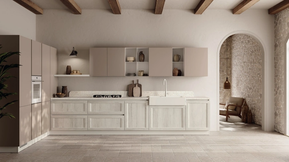 Cucina su misura ad angolo Regola 06 in decorativo Rovere e Pet Limo di Scavolini