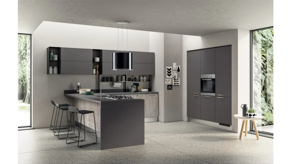 Cucina su misura angolare con penisola Sax in decorativo Concrete Medium e decorativo Grafite con top in laminato di Scavolini