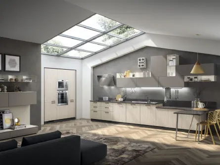 Cucina su misura ad angolo con penisola Sax in decorativo Noce Neutral e Polvere di Scavolini