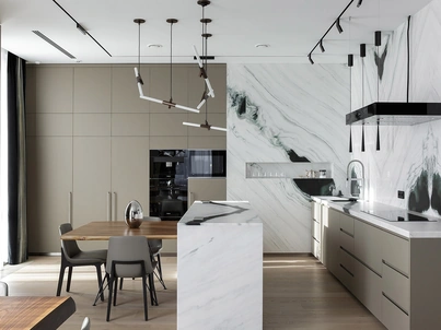 Cucina su misura T45 in laminato Fenix con Isola in marmo Panda di TM Italia